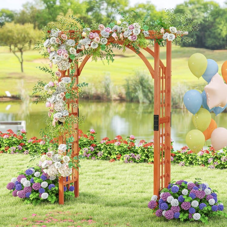 Garden archway trellis with floral decor, perfect for outdoor weddings and climbing plants, featuring sturdy lattice.