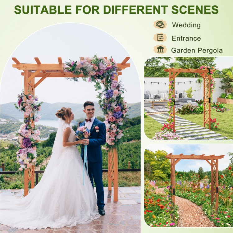 Elegant 7 feet wooden garden arbor with lattice side panels, perfect for weddings and garden entrances.