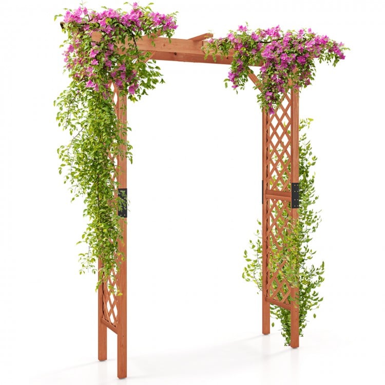 Elegant 7 feet wooden garden arbor with lattice panels, perfect for supporting climbing plants at pathways or entrances.