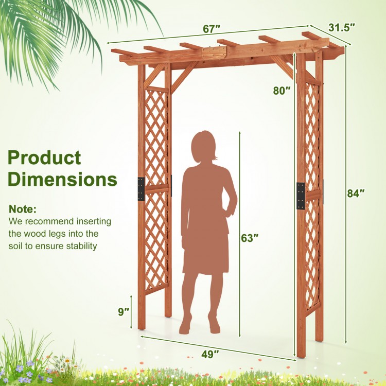 Garden wooden high arbor arch with lattice side panels, 7 feet tall, perfect for pathways or garden entrances.
