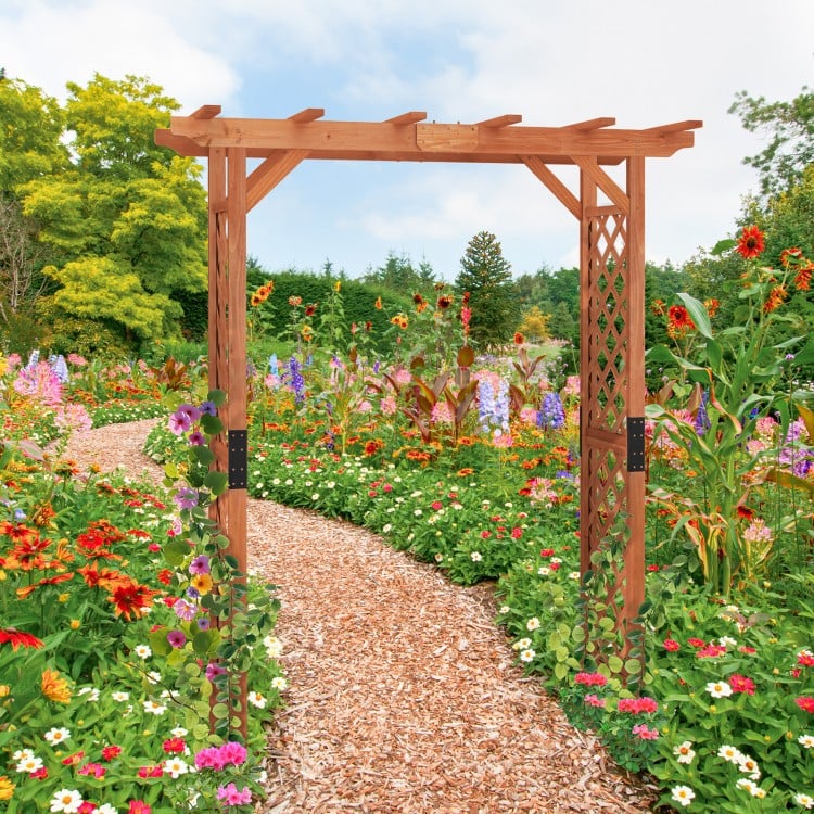 Elegant 7 feet garden wooden high arbor arch with lattice panels, perfect for pathways and supporting climbing plants.