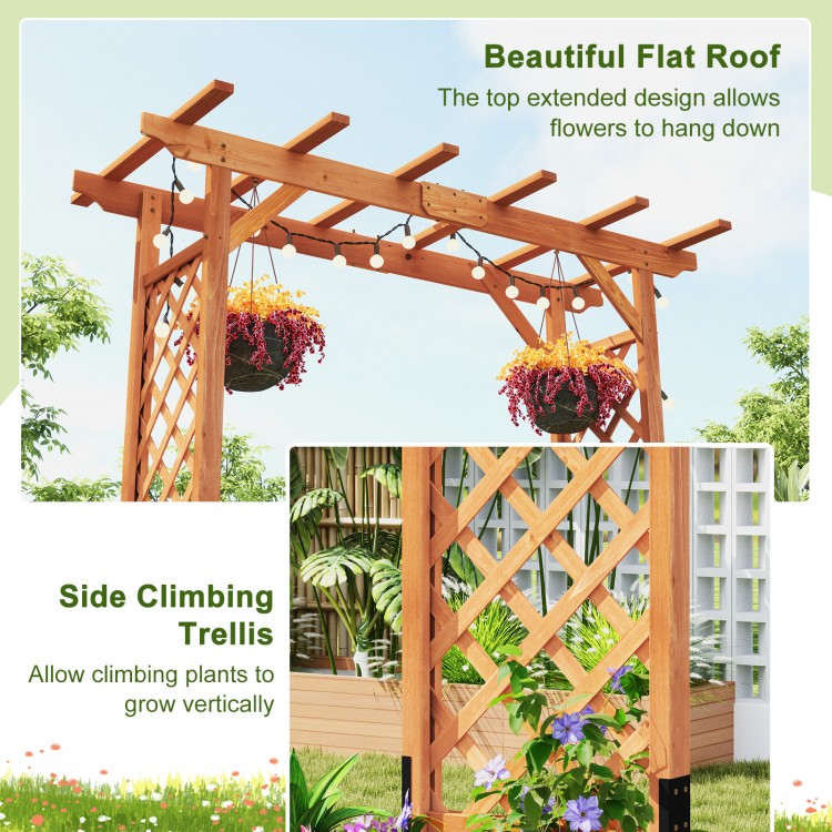 Elegant 7 feet wooden garden arbor with lattice side panels, perfect for supporting climbing plants in outdoor spaces.