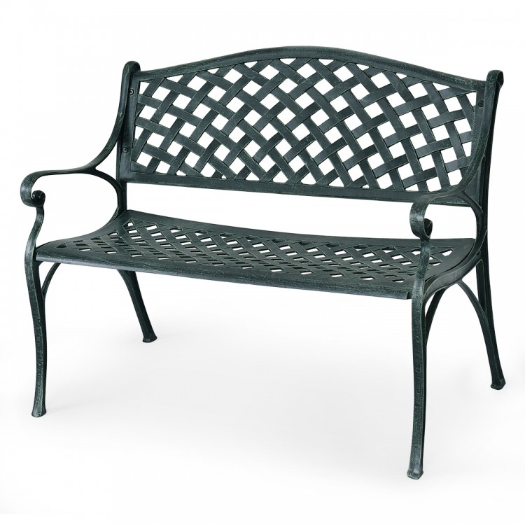 Antique-style 40-inch outdoor aluminum garden bench with durable frame, suitable for two people in any patio or garden.