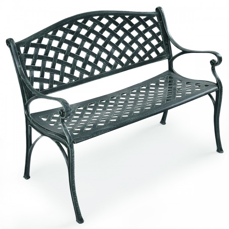 Antique-style 40-inch outdoor aluminum garden bench with a decorative lattice design, perfect for patios and gardens.