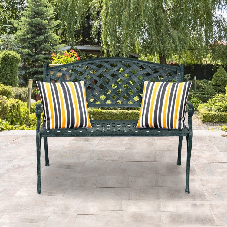 40-inch outdoor aluminum garden bench in antique style with striped cushions, perfect for patios and gardens.