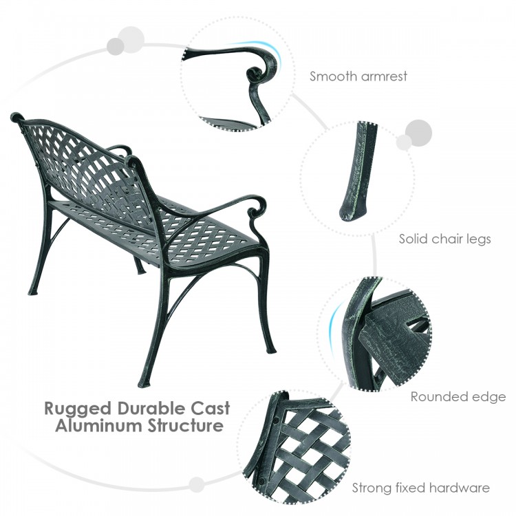 40-inch outdoor aluminum garden bench with antique style, solid legs, and weatherproof design for patios and gardens.