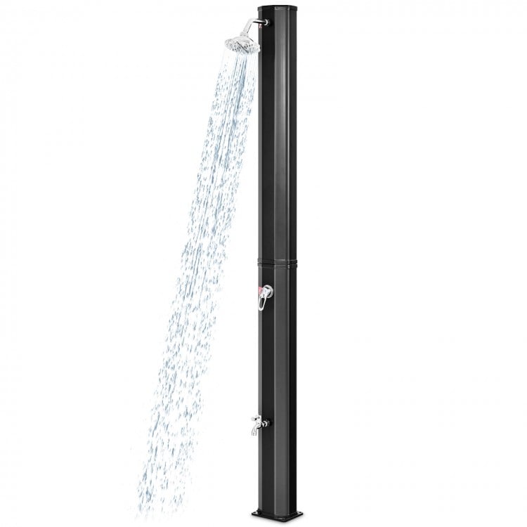 Adjustable outdoor shower with solar heating, 7.2 ft tall, PVC construction, and rotating shower head for easy use.