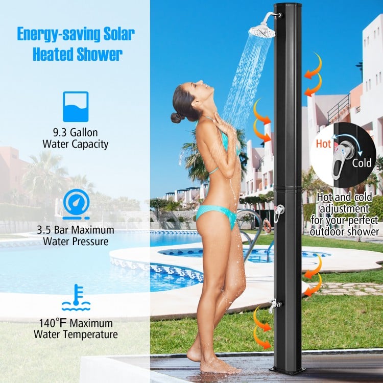 Adjustable outdoor solar shower with 9.3-gallon capacity, eco-friendly PVC construction, and rotating shower head for.