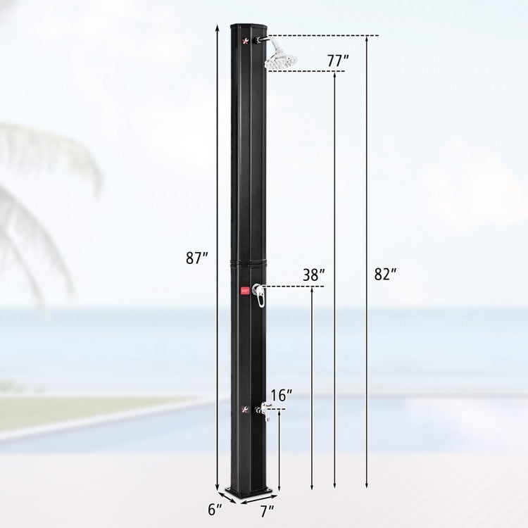 Adjustable outdoor solar shower with 7.2 ft height, PVC construction, and unique rotating shower head for eco-friendly.