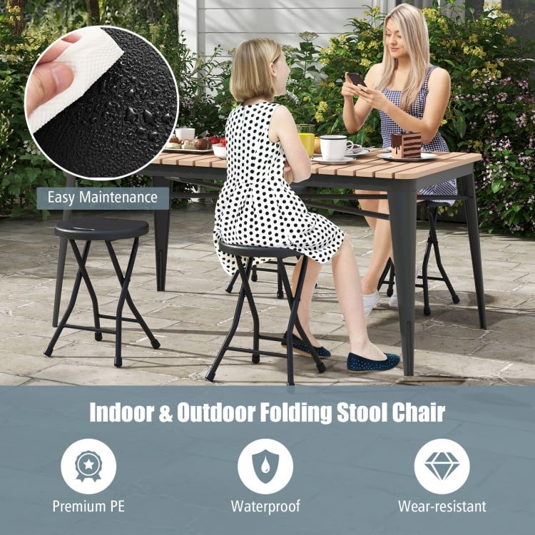 Collapsible round stool with handle in black, featuring a waterproof PE seat, ideal for indoor and outdoor use.