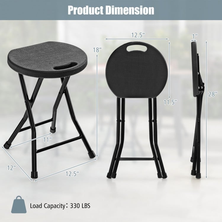 Collapsible round stool dimensions showing black PE seat, sturdy metal frame, and foldable design for easy storage.