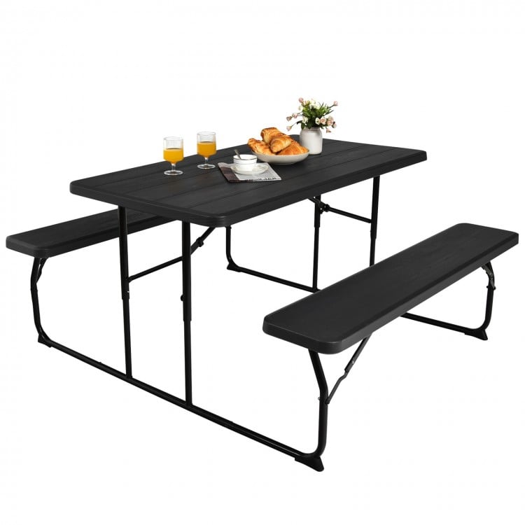 Folding picnic table bench set in black with wood-like texture, perfect for outdoor gatherings and parties.
