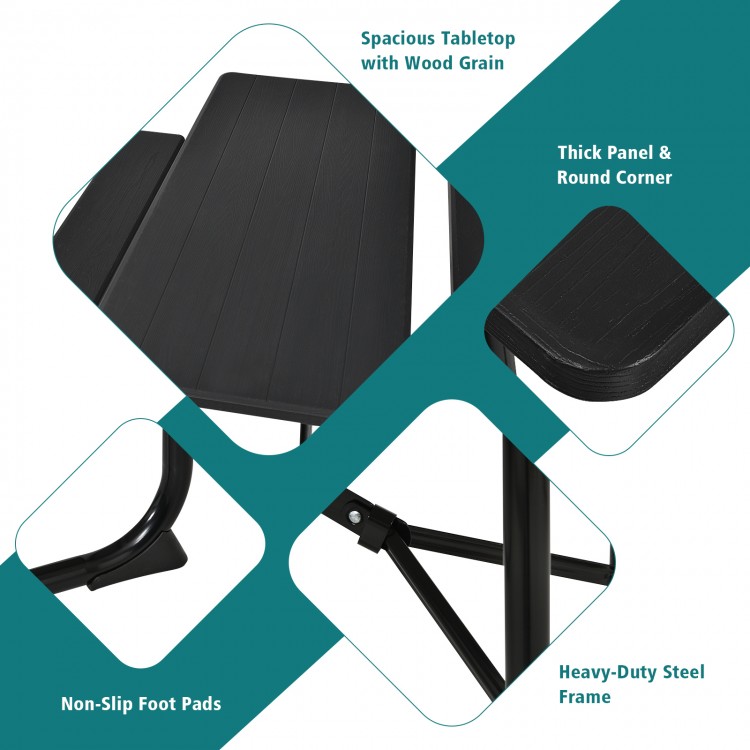 Spacious black tabletop with wood-like texture, rounded corners, and heavy-duty steel frame for indoor and outdoor use.