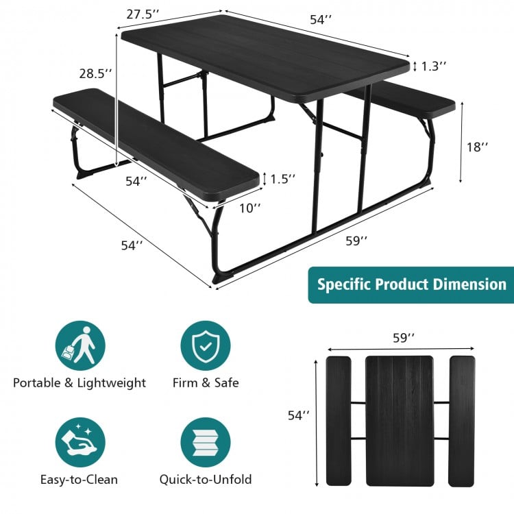 Folding picnic table and bench set in black with wood-like texture, perfect for indoor and outdoor gatherings.