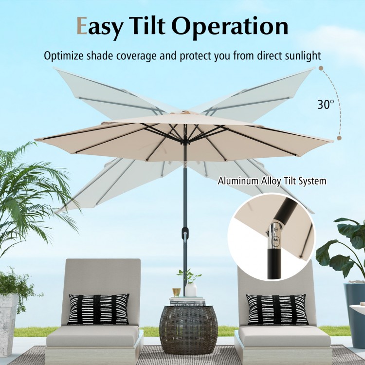 10 feet beige outdoor patio umbrella with tilt adjustment, crank handle, and sturdy aluminum alloy pole for sun.