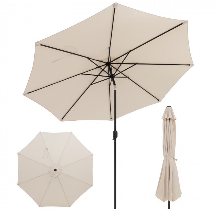 10 feet beige outdoor patio umbrella with tilt adjustment and crank, featuring a vented canopy for sun protection.