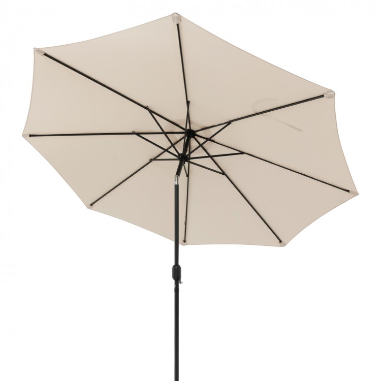 Beige 10 feet outdoor patio umbrella with tilt adjustment and crank, featuring a vented canopy for sun protection.
