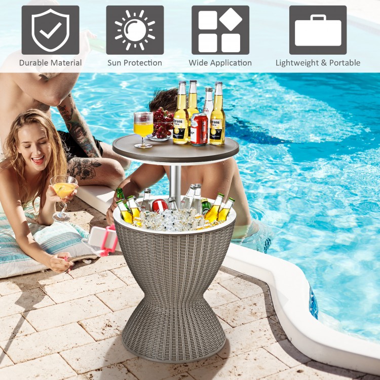 Patio rattan cooler bar table with retractable tabletop, 8-gallon capacity, perfect for pool parties and outdoor.