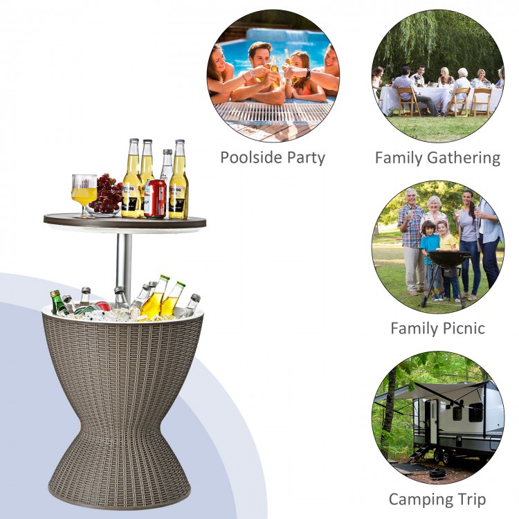 Brown 3 in 1 patio rattan cooler bar table with retractable tabletop, ideal for pool parties and outdoor gatherings.