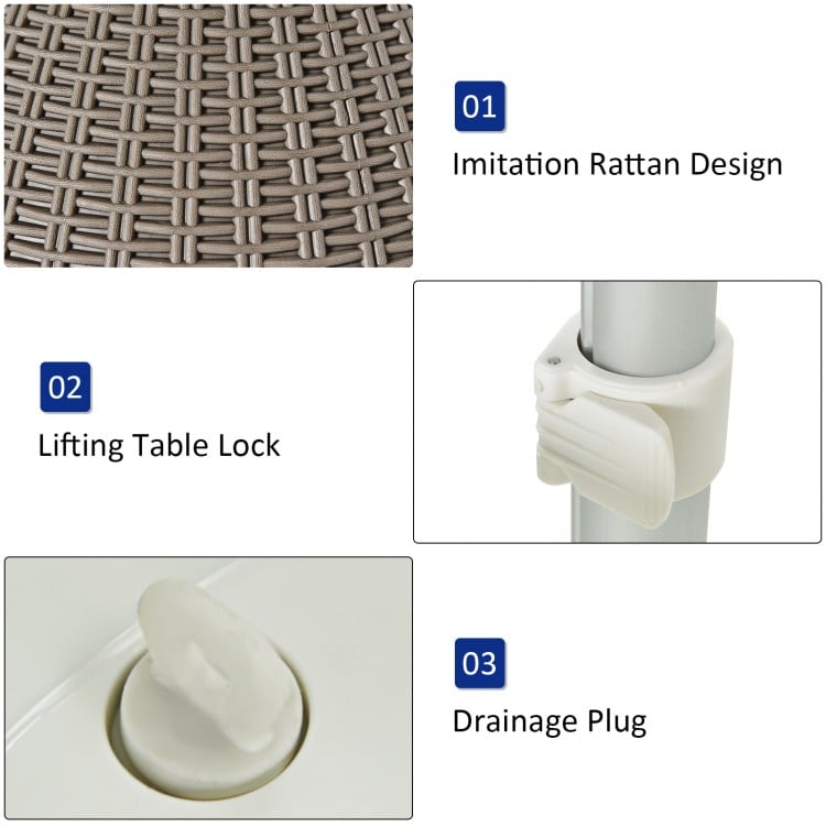 Imitation rattan texture of the 8-gallon patio cooler bar table with drainage plug and lifting table lock for easy use.