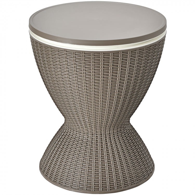 Brown 3-in-1 patio rattan cooler bar table with retractable tabletop, 8-gallon capacity for drinks and snacks.
