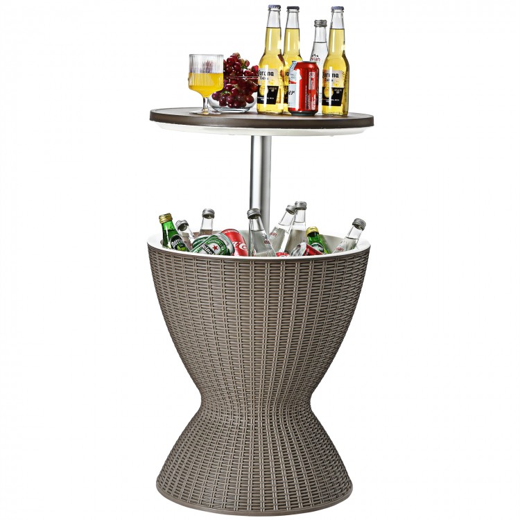 Rattan-style 8-gallon patio cooler bar table with retractable tabletop, perfect for pool parties and outdoor gatherings.