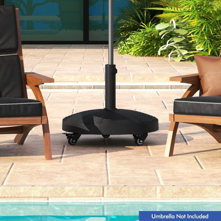 Resin umbrella base stand with lockable wheels, 50lbs weight, designed for patio umbrellas, perfect for poolside use.