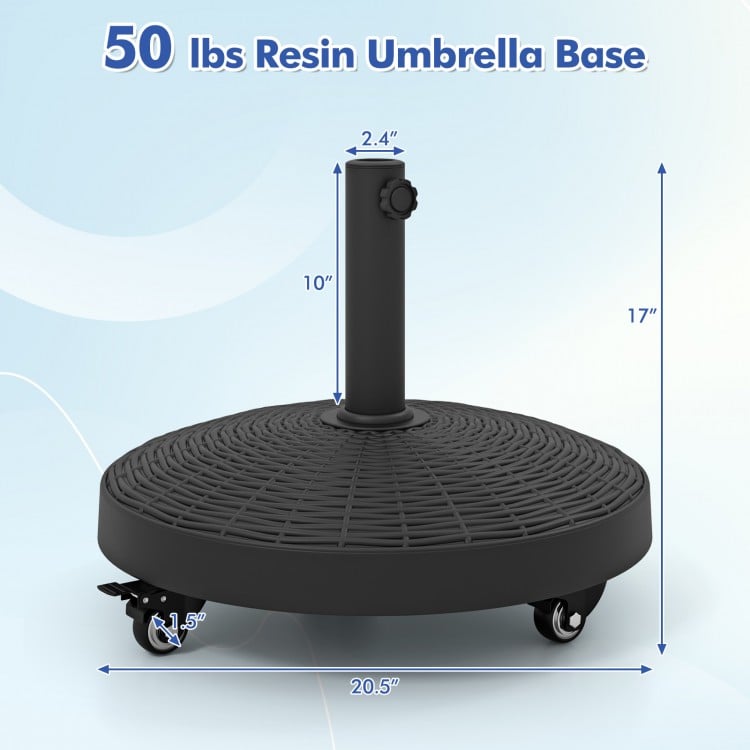 Resin umbrella base with lockable wheels, 50 lbs, rattan design, suitable for various umbrella sizes, ideal for patios.