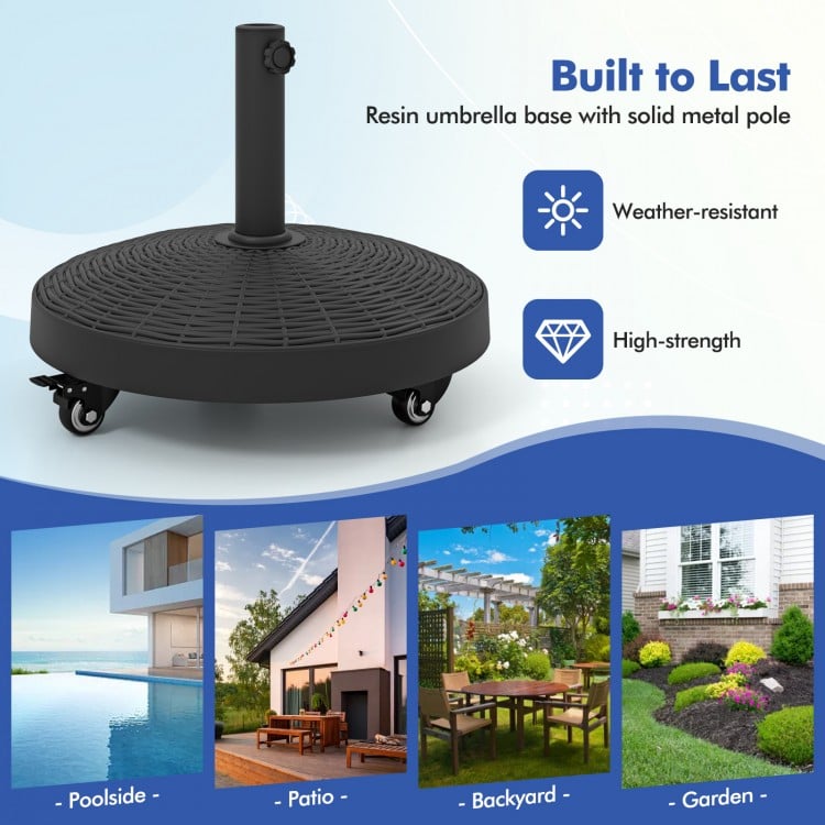 Resin umbrella base stand with wheels, 50 lbs, weather-resistant, ideal for patio and backyard use.
