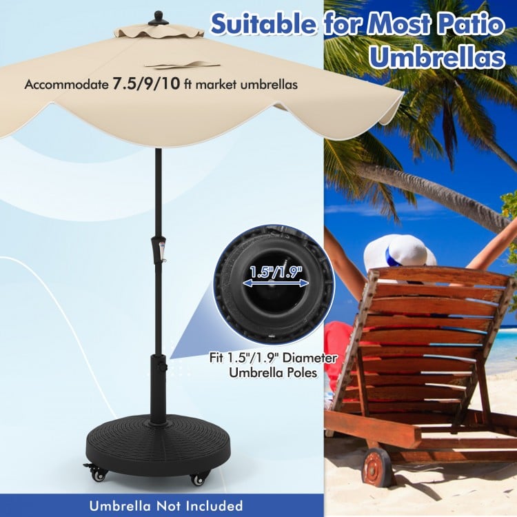 50 lbs patio wicker style resin umbrella base stand with wheels, suitable for 1.5" to 1.9" diameter poles for outdoor.