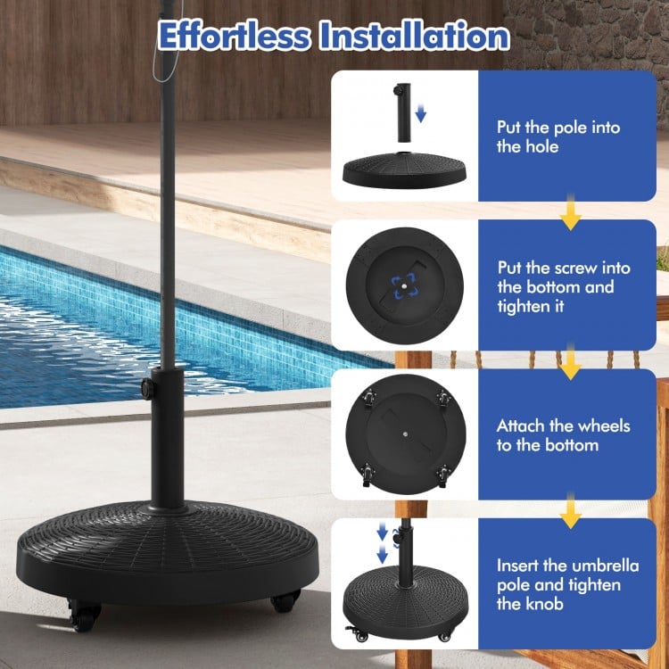Resin umbrella base stand with wheels, 50lbs heavy duty, suitable for various umbrella sizes, ideal for patio use.