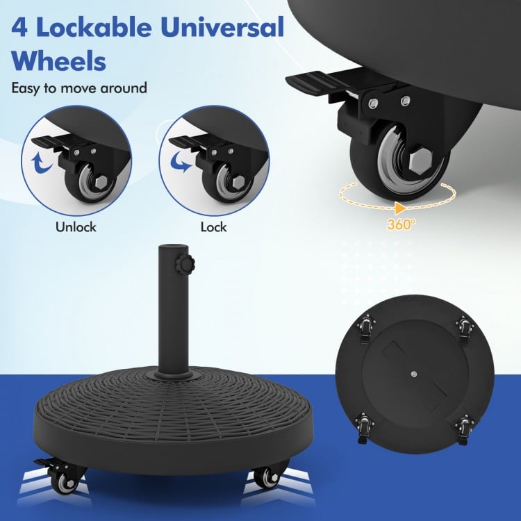 Resin umbrella base stand with 4 lockable wheels for easy movement, supporting 1.5" and 1.9" umbrella poles.