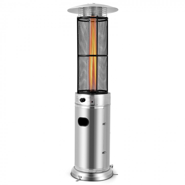 Stainless steel patio heater with glass tube, 40,000 BTU output, ideal for outdoor warmth and ambiance.