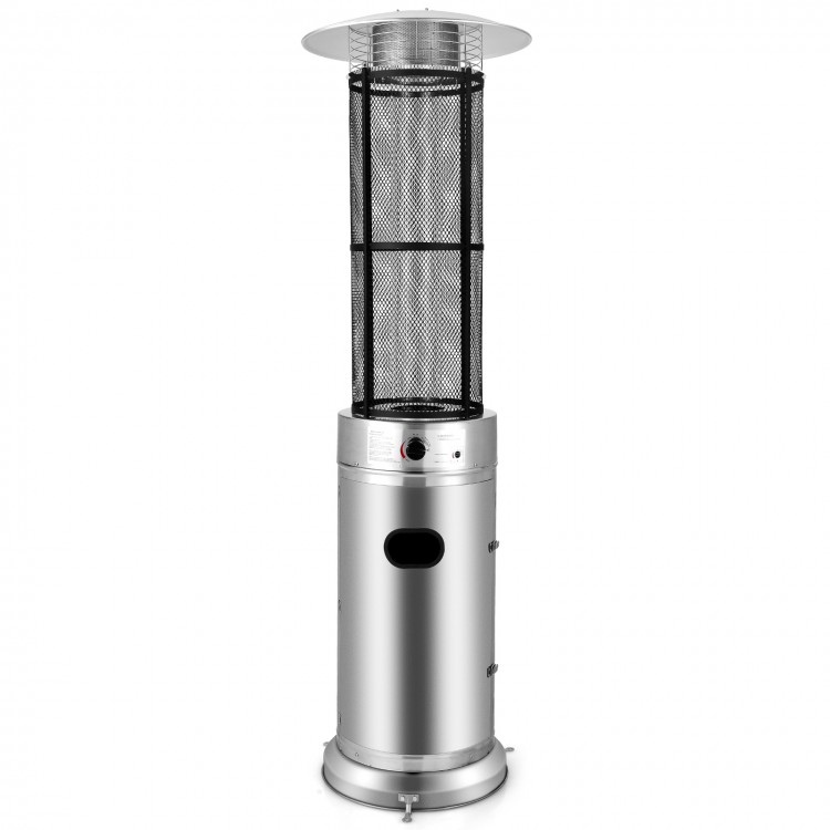 Stainless steel patio heater with glass tube, 40,000 BTU output, adjustable flame, and safety features for outdoor use.