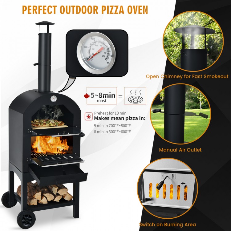 Portable outdoor pizza oven with dual thermometer, chimney, and waterproof cover for BBQs and camping.