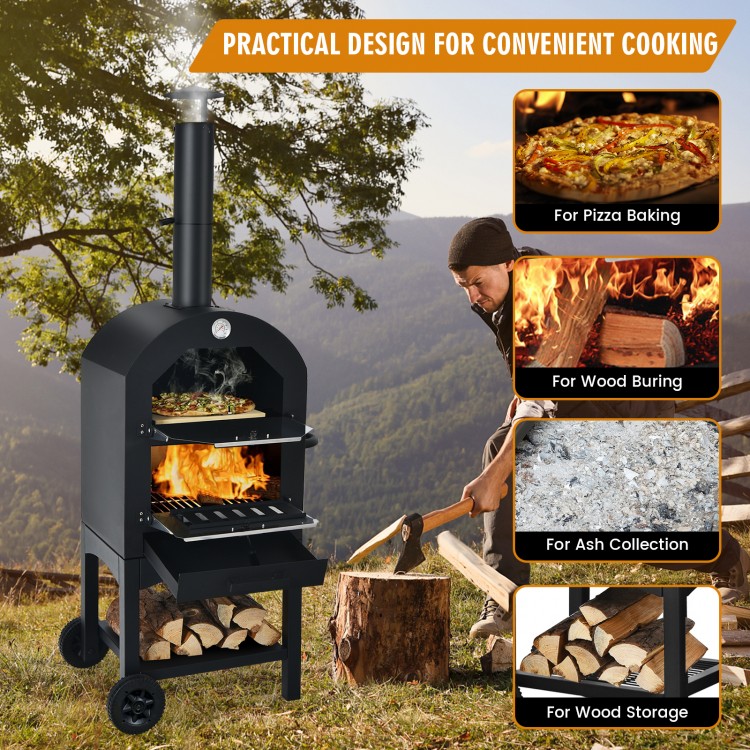 Portable outdoor pizza oven with dual thermometer, wood storage, and waterproof cover, ideal for BBQ parties and.