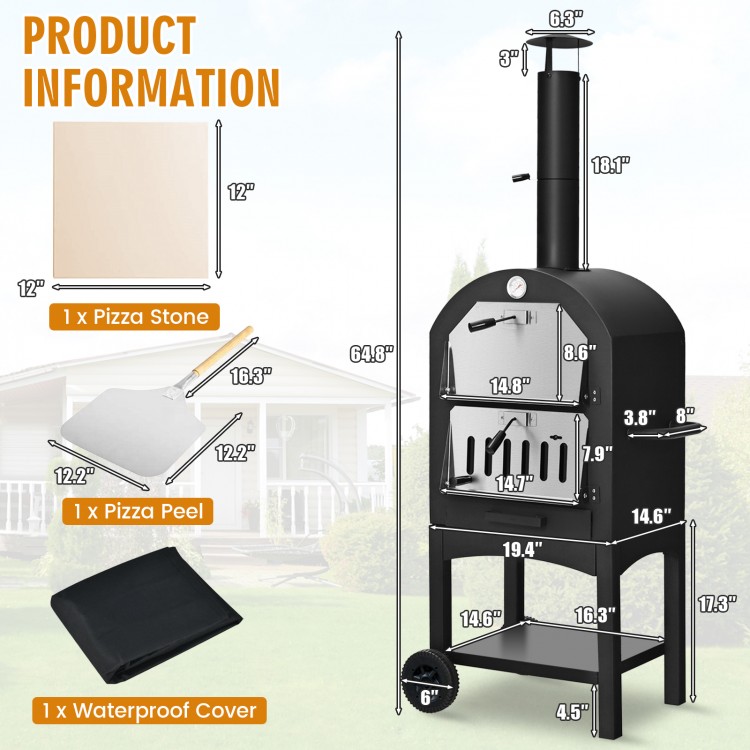 Portable outdoor pizza oven with pizza stone and waterproof cover, featuring dual thermometers and easy movement wheels.