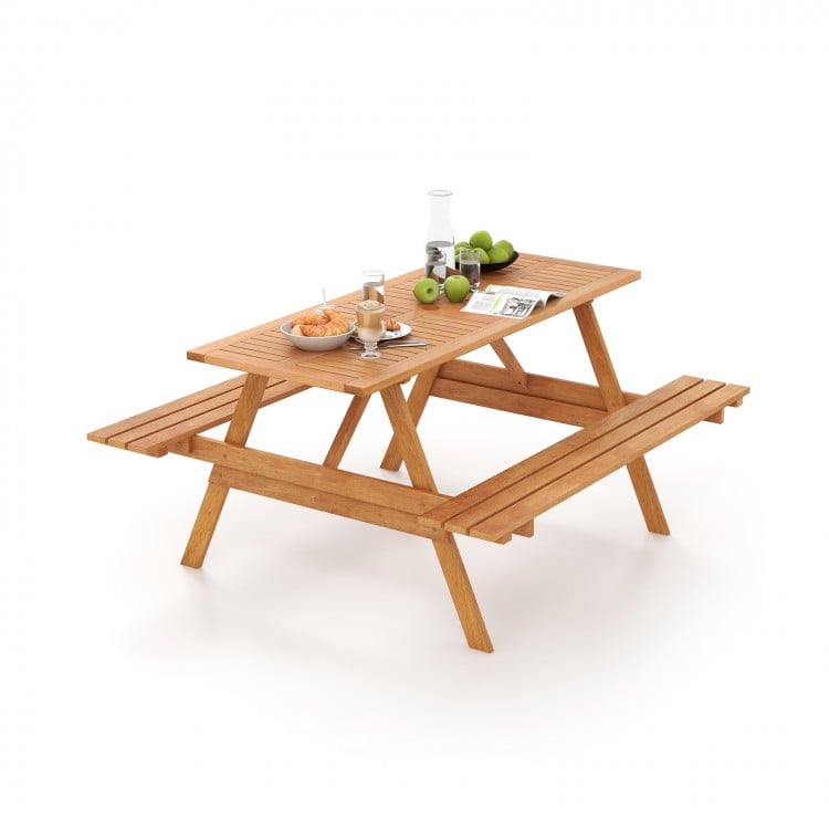 Rectangular 6-person picnic table set in natural wood with built-in benches and umbrella hole, ideal for outdoor.