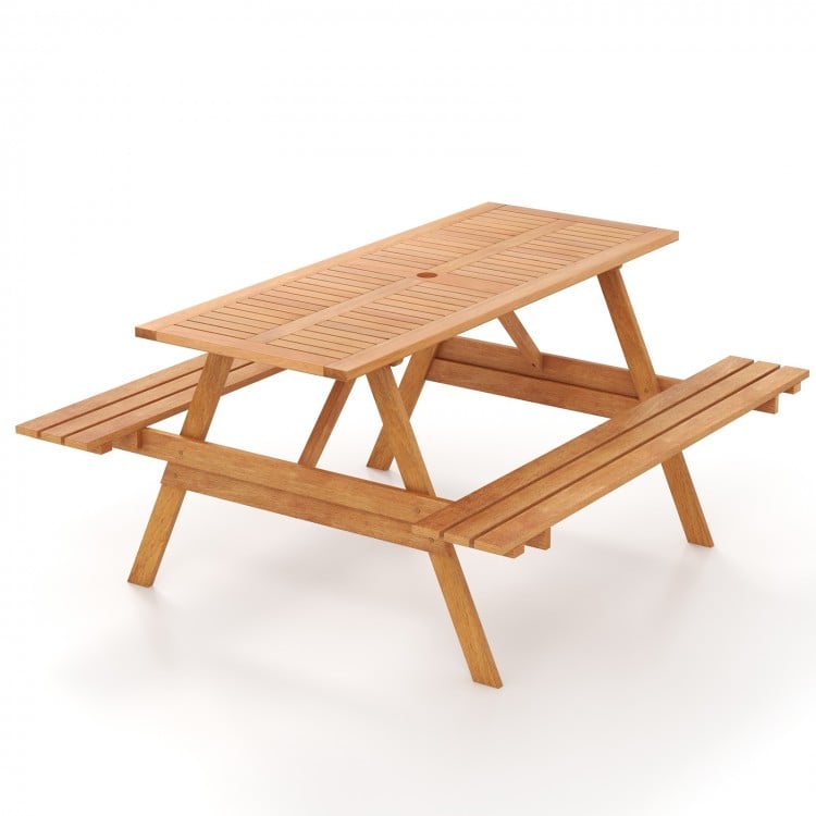 Rectangular 6-person picnic table set in natural wood with two built-in benches and umbrella hole for outdoor.