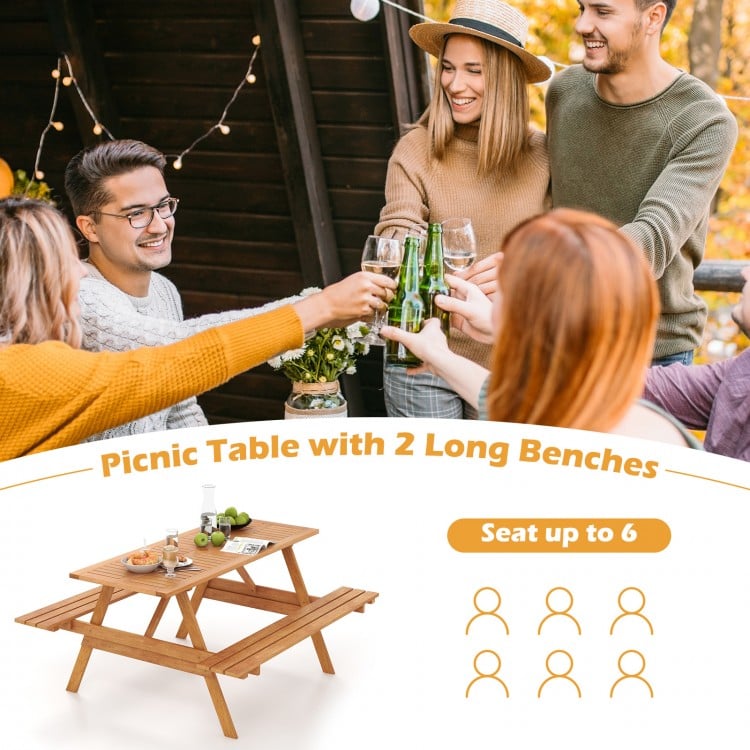 Picnic table set with 2 long benches, natural wood color, seats up to 6, perfect for outdoor gatherings.