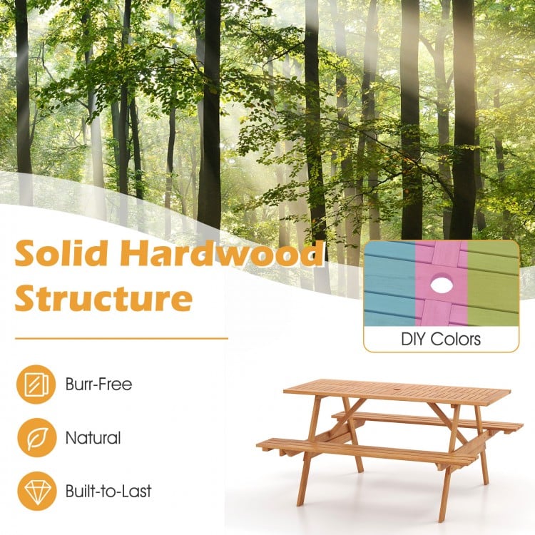 6-person picnic table set with solid hardwood, umbrella hole, and natural wood color, perfect for outdoor gatherings.