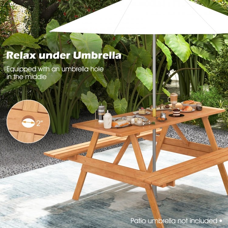 6-person picnic table set with natural wood finish, featuring an umbrella hole, perfect for backyard gatherings.