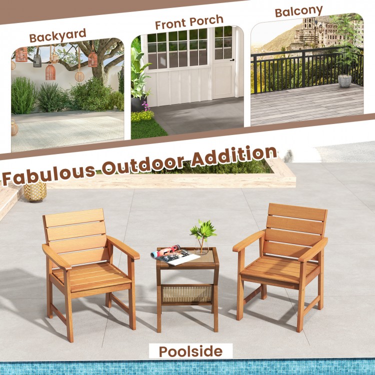 Two hardwood patio chairs with slatted seats and inclined backrests, ideal for poolside relaxation and outdoor spaces.