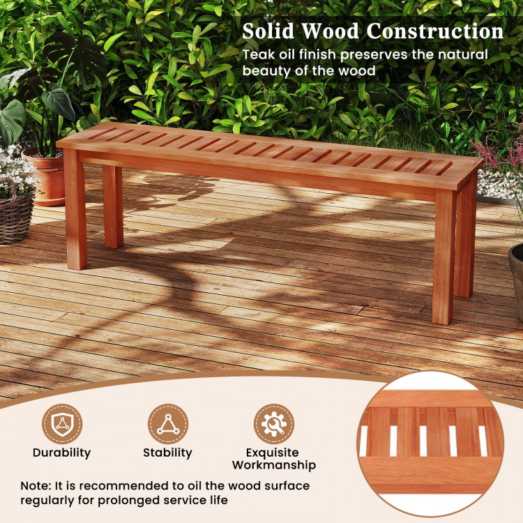 Solid wood patio bench with slatted design, teak oil finish for durability, perfect for garden or balcony settings.