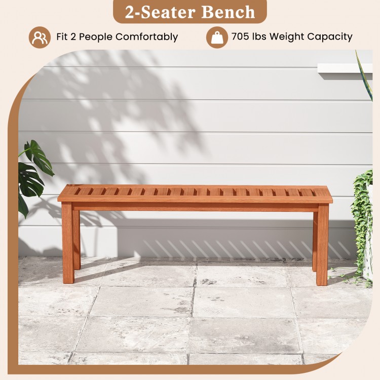 47-inch slatted wood bench for 2 people, made of solid wood with teak oil finish, ideal for garden or balcony use.