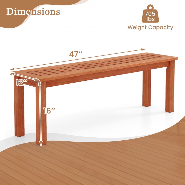 47-inch patio wood bench with slatted seat, solid wood construction, 705 lbs capacity, ideal for garden or poolside use.