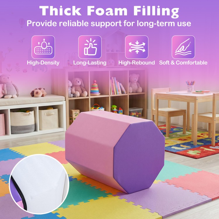 Octagon tumbling mat in pink and purple, featuring high-density foam for safe gymnastics and fitness training.