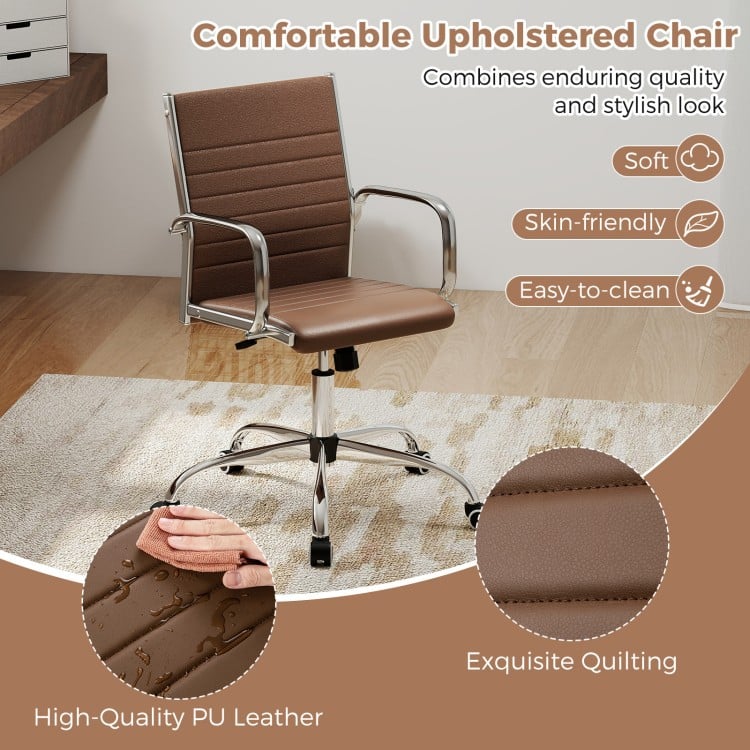 Brown height adjustable office chair with rocking backrest, PU leather upholstery, and modern ribbed design for comfort.