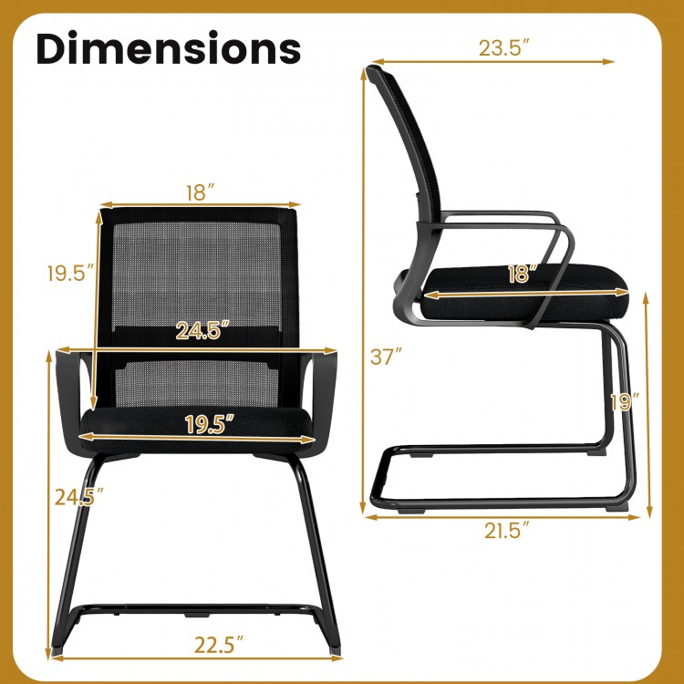Dimensions of Office Guest Chair with lumbar support, featuring breathable mesh back and robust sled base for stability.