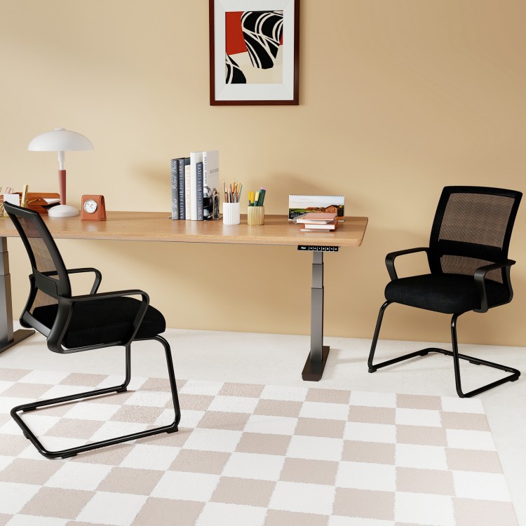 Two office guest chairs with lumbar support and breathable mesh backs, ideal for waiting rooms or home offices.